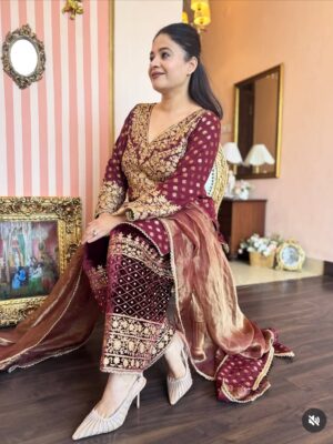 Regal Maroon Embroidered Velvet Suit Set