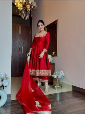 ❤️ Ruby Red Embroidered Anarkali Set with Dupatta
