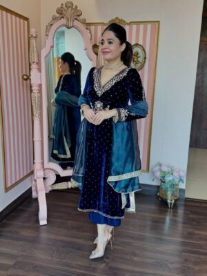 💙 Midnight Blue Velvet Embroidered Suit Set