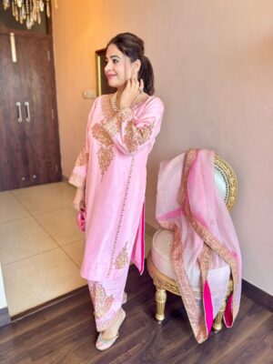 blush pink aari work suit