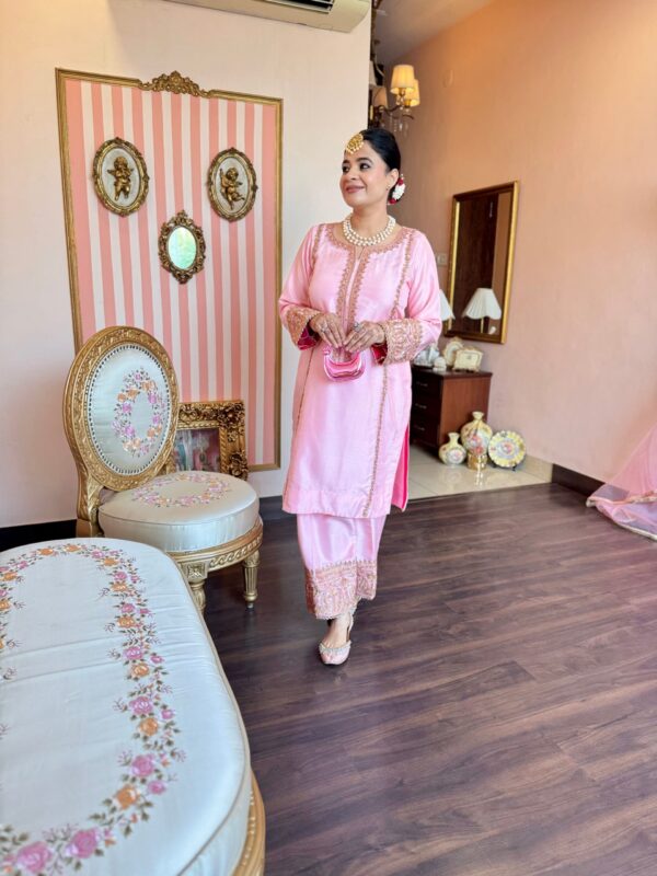 blush pink aari work suit