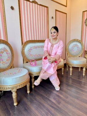 blush pink aari work suit