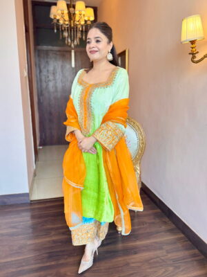 noorani lime velvet silk suit set