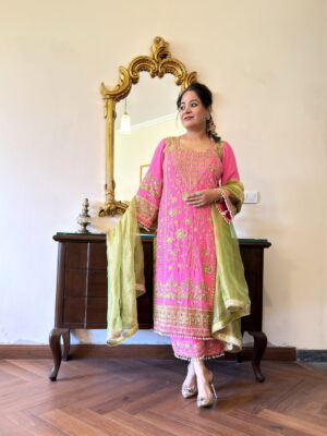 neon pink pure crepe embroidered suit