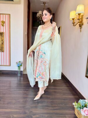 Ivory Bloom Tussar Silk Pants Suit
