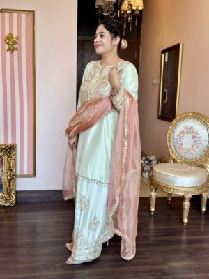 Mint Noor Pure Dupion Silk Farshi Salwar Suit