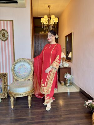 Red Aari Work Organza Suit