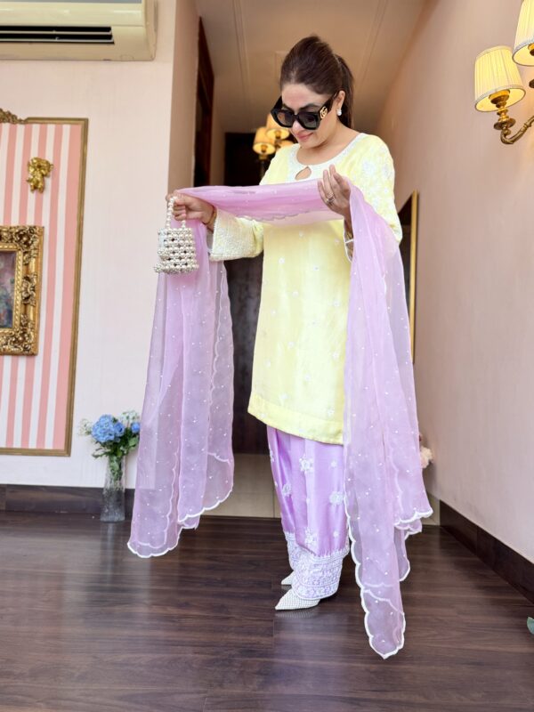 Lemon and lavender designer Farshi salwar suit