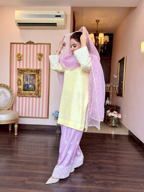 Pure Dupion silk lemon and lavender Farshi salwar suit