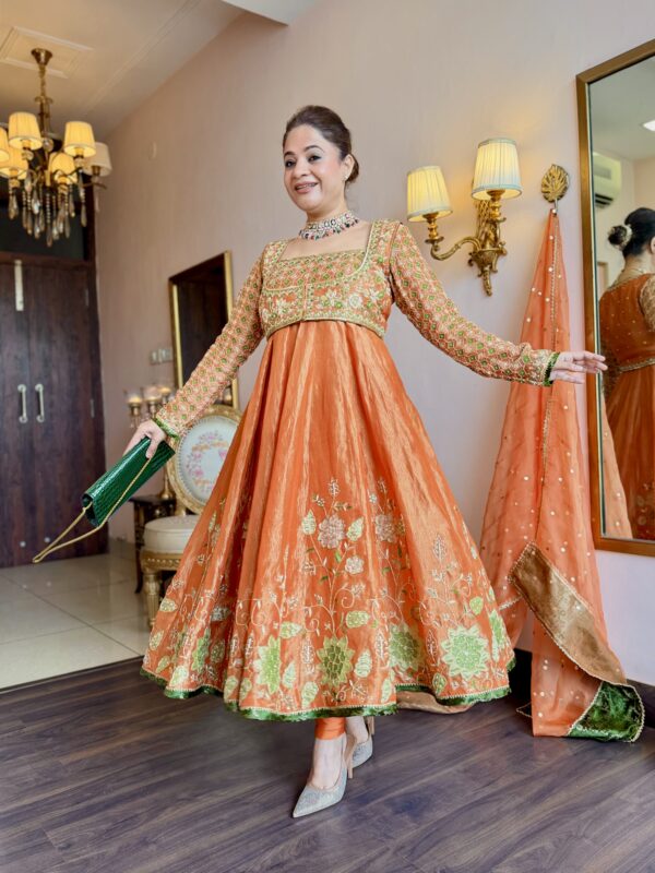 Rusty orange designer Anarkali suit front view
