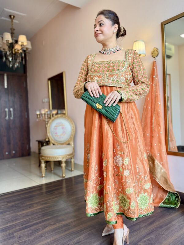 Rusty orange hand-embroidered Anarkali suit for women