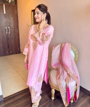 blush pink aari work suit