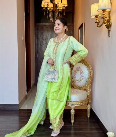 parrot ombré aari work suit