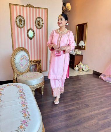 blush pink aari work suit