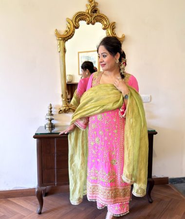 neon pink pure crepe embroidered suit